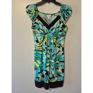 Sweet Storm Short Dress Women's Size M Teal Blue Black VNeck Cap Sleeve Stretch